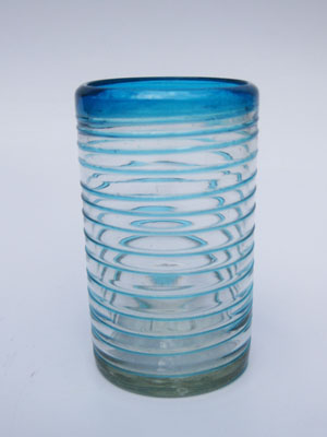 VIDRIO SOPLADO al Mayoreo / vasos grandes con espiral azul aqua / Éstos vasos son la combinación perfecta de belleza y estilo, con espirales azul aqua alrededor.